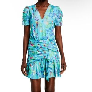 Tanya Taylor Zora Ruched ShortSleeve
VNeck Dress Floral Blue Dress
